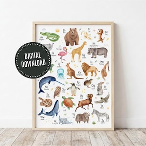 May include: A framed alphabet chart with watercolour animal illustrations, each linked to a letter. The artwork includes a bear, giraffe, lion, and zebra. The words "DIGITAL DOWNLOAD" are in a black circle in the image.