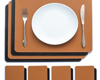 Recycled Leather Placemats 45x33 cm, Rectangular, Cognac Black Brown