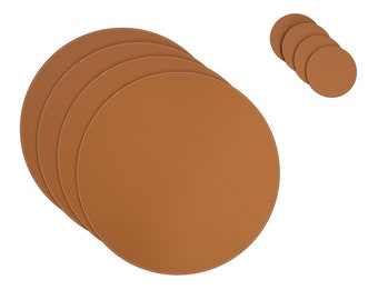 Round Recycled Leather Placemats 33 cm, Cognac Black Brown, Optional Coaster