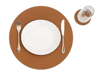 Round Recycled Leather Placemats 38 cm, Cognac or Black, Optional Coaster