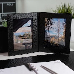 Eleganter 4x6 Recycling Leder Faltbarer Bilderrahmen. Leder-Fotorahmen 15 x 10 cm. Tabletop-Fotorahmen. Doppelter Fotorahmen.