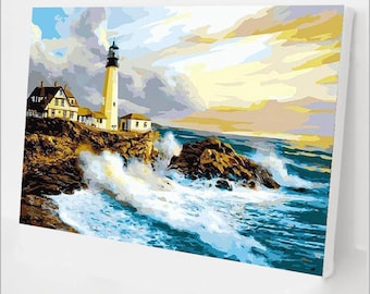Paint By Number Kit for Adults - Lighthouse - DIY Acrylic Painting By Numbers - Easy Paint By Numbers Kit