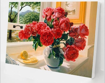 Paint By Number Kit for Adults - Red Flower Bouquet - DIY Acrylic Painting By Numbers - Easy Paint By Numbers Kit