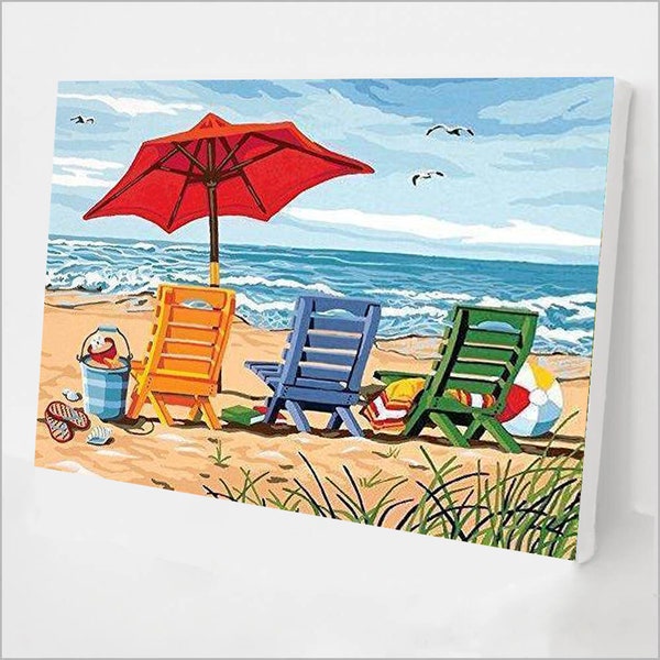 Paint By Number Kit for Adults - Beach Chairs - DIY Acrylic Painting By Numbers - Easy Paint By Numbers Kit