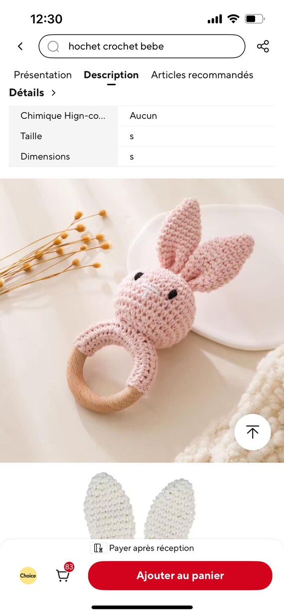 Sonajero de conejito de crochet y anillo de madera, mordedor