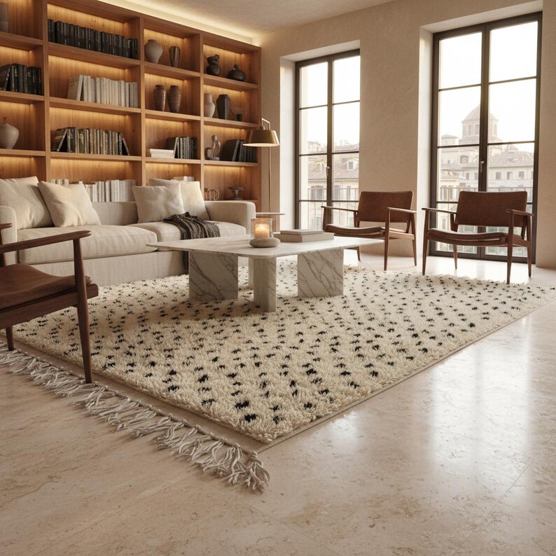 May include: A cozy living room featuring a cream-colored sofa, a patterned rug with black accents, and a marble coffee table. The room is illuminated by natural light from large windows and a warm glow from the built-in bookshelves.