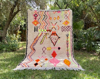 Moroccan Azilal Rug, Neon Colorful Handmade Berber Rug, Ivory Wool Area Rug, Handwoven Moroccan Rug, Boho Bright Wool Rug