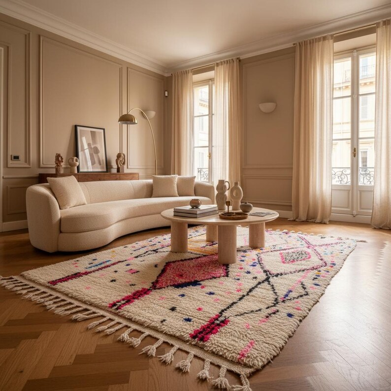 Op de afbeelding: Een woonkamer met een cr&egrave;mekleurige gebogen bank, een ronde salontafel en een patroonkleed. Het kleed heeft een cr&egrave;mekleurige achtergrond met roze, blauwe en zwarte geometrische ontwerpen. Grote ramen met transparante gordijnen.