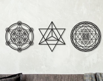 Sacred Geometry Wood Wall Art Set: Sri Yantra, Merkaba, Metatron Cube