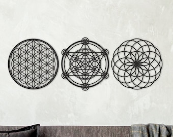 Heilige Geometrie Holzbild, Metatron, Torus, Blume des Lebens, 3er Set