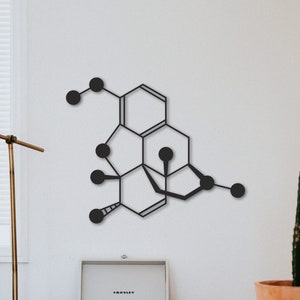 Può includere: Arte da parete in metallo nero con un design geometrico che ricorda una struttura chimica con forme esagonali e cerchi collegati.