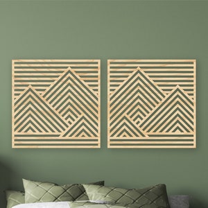 Wall decor mountain wall art, pair square wall decor, diptych wall art, diptych wood wall art, mountain house decor, wood mountain wall art