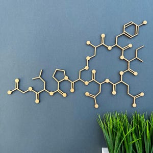 K&ouml;nnte beinhalten: Ein Wanddekor aus Holz in Form eines chemischen Molek&uuml;ls. Das Molek&uuml;l besteht aus verbundenen Kreisen und Linien und ist in einer hellbraunen Farbe lackiert.