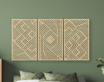 Geometric Wood Panel Wall Decor: Modern Moroccan Art, Set of 3