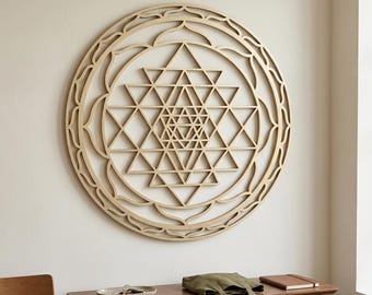 Large Sri Yantra Wood Wall Art, Sacred Geometry Decor