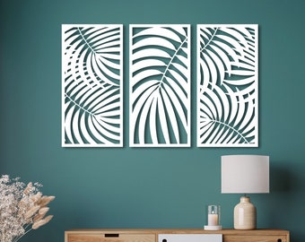 Tropical Palm Leaf Wooden Wall Art - Set of 3 Panels