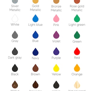 K&ouml;nnte beinhalten: Eine Tabelle mit 18 verschiedenen Farb- und Holzfinish-Optionen f&uuml;r ein Produkt. Die Optionen umfassen Silber, Gold, Bronze, Ros&eacute;gold, Wei&szlig;, Hellblau, Rosa, Hellgr&uuml;n, Grau, Blau, Violett, Gr&uuml;n, Dunkelgrau, Marineblau, Lila, Rot, Schwarz, Braun, Gelb, Orange, Nussbaum, Palisander, Ebenholz und Naturholz.