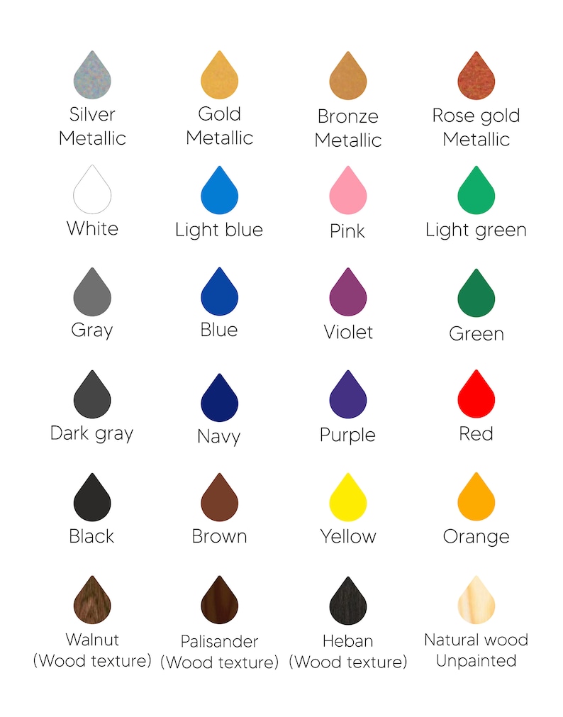 K&ouml;nnte beinhalten: Eine Tabelle mit 18 verschiedenen Farb- und Holzfinish-Optionen f&uuml;r ein Produkt. Die Optionen umfassen Silber, Gold, Bronze, Ros&eacute;gold, Wei&szlig;, Hellblau, Rosa, Hellgr&uuml;n, Grau, Blau, Violett, Gr&uuml;n, Dunkelgrau, Marineblau, Lila, Rot, Schwarz, Braun, Gelb, Orange, Nussbaum, Palisander, Ebenholz und Naturholz.