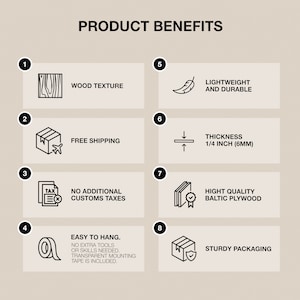 May include: A graphic with eight product benefits, each with a number and icon. The benefits include: wood texture, free shipping, no additional customs taxes, easy to hang, lightweight and durable, thickness 1/4 inch (6mm), high quality Baltic plywood, and sturdy packaging.