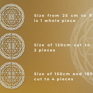May include: Three white Sri Yantra mandalas on a gold background. The first mandala is 25 to 92 cm and is one whole piece. The second mandala is 120 cm and is cut into two pieces. The third mandala is 150 cm and 180 cm and is cut into four pieces.