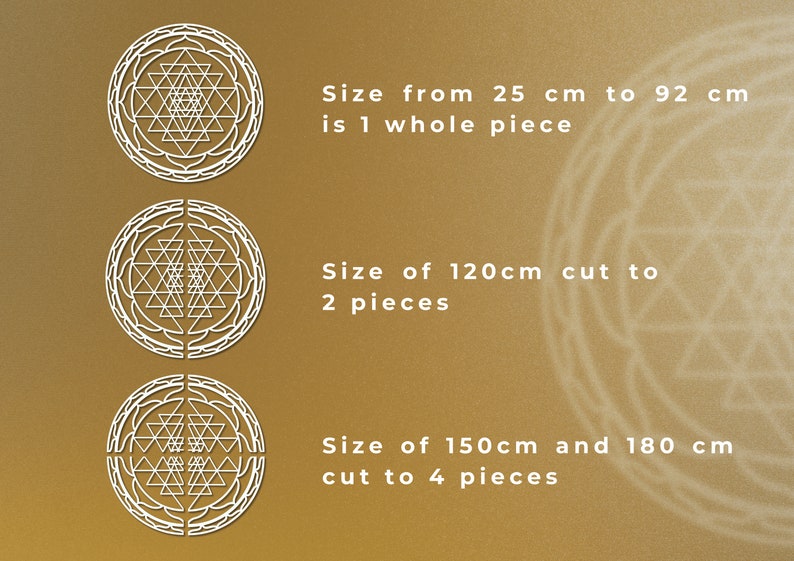 May include: Three white Sri Yantra mandalas on a gold background. The first mandala is 25 to 92 cm and is one whole piece. The second mandala is 120 cm and is cut into two pieces. The third mandala is 150 cm and 180 cm and is cut into four pieces.