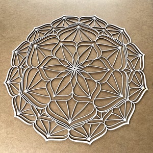 Op de afbeelding: Witte, ingewikkelde mandala-ontwerp met een cirkelvormig patroon van overlappende vormen en lijnen. Het ontwerp is symmetrisch en heeft een delicate, ingewikkelde uitstraling.