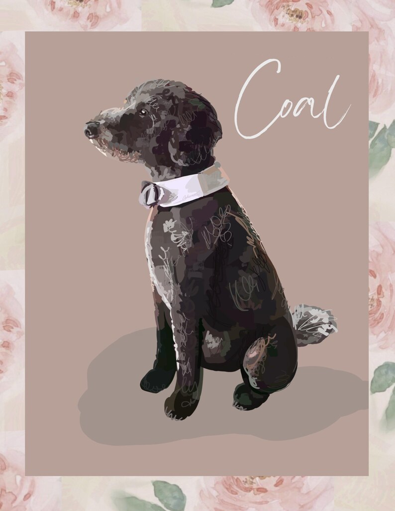 Realistic Pet Painting With Floral Border Name, Custom Memorial Drawing