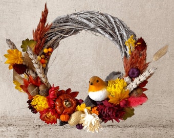 COURONNE D'AUTOMNE avec Robin BIRD, mini citrouilles et fleurs - Décoration de porte confortable pour Halloween, automne, Thanksgiving, récolte et style maison rustique