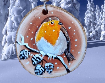 Robin Bird avec des pommes de pin sur bouleau Tranche de bois Décoration peinte à la main Maison, Fenêtre, Porte, Cadeau, Hiver, Ornement rustique, Bauble, Noël