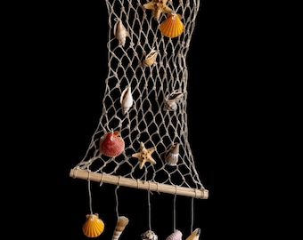 Hanging Fishing Net with Natural Sea Shells, Wooden Fish, Starfish Wall Decor, Marine Gift, Nautical Home Decor, Shell Art Beach Decoration