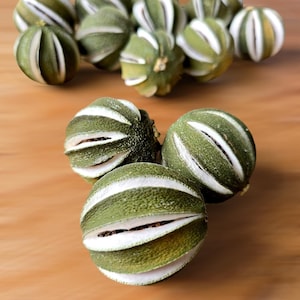 Puede incluir: Un grupo de esferas decorativas verdes y blancas con una superficie texturizada. Las esferas tienen un diseño segmentado con rayas blancas.