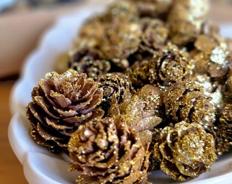 GOLD Glitter Mini PINE CONES, 100g Pack, 2.5cm Small Pine Cones, Christmas Decor, Holiday Crafts, Rustic Wedding Decor, Elegant Bowl Filler