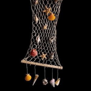 Hanging Fishing Net with Natural Sea Shells, Wooden Fish, Starfish Wall Decor, Marine Gift, Nautical Home Decor, Shell Art Beach Decoration