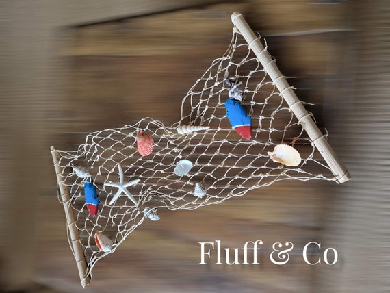 Hanging FISHING NET With Natural Sea Shells and Wooden Fish