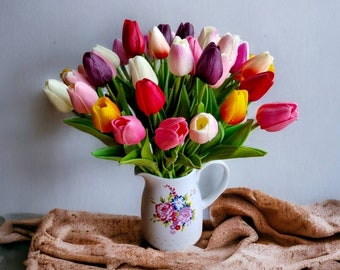 TULIPANI finti, BOUQUET ARTIFICIALE, Tulipani Real Touch, Bellissimo bouquet di fiori di tulipano in schiuma Pu, tavolo pasquale minimale, decorazioni per matrimoni, casa primaverile