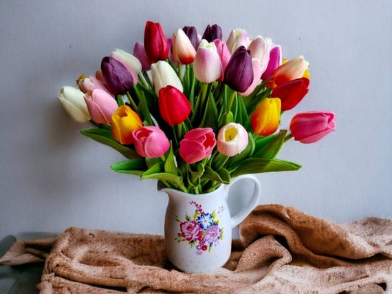 Faux TULIPS, ARTIFICIAL BOUQUET, Real Touch Tulips, Beautiful Pu Foam Tulip Flower Bouquet Minimal Easter Table Wedding Décor Spring Home