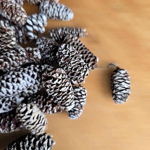 May include: A cluster of small, brown pine cones with a white, frosted finish. The cones are arranged on a light brown wooden surface.