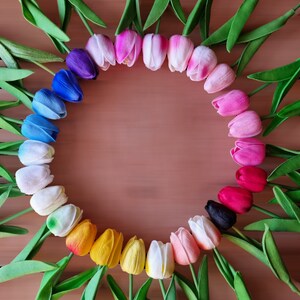 Peut inclure: Un cercle de tulipes artificielles color&eacute;es dispos&eacute;es en arc-en-ciel sur un fond brun.