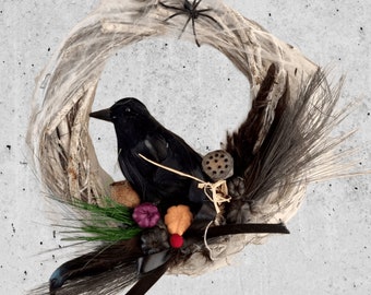 Couronne d'oiseaux, nid d'oiseaux, couronne d'automne, couronne bohème, cadeau couronne en bois de style gothique Halloween corbeau noir pour décoration murale