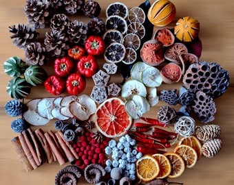 Lot de 170 dosettes de fruits, cônes et épices, mélange de Noël, naturel séché, de qualité supérieure, pour décoration artisanale, guirlande de couronnes, décoration d'intérieur, pot-pourri