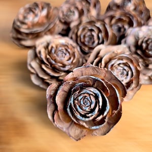 May include: A group of brown, wooden, rose-shaped pine cones. The pine cones are arranged in a circular pattern on a wooden surface.