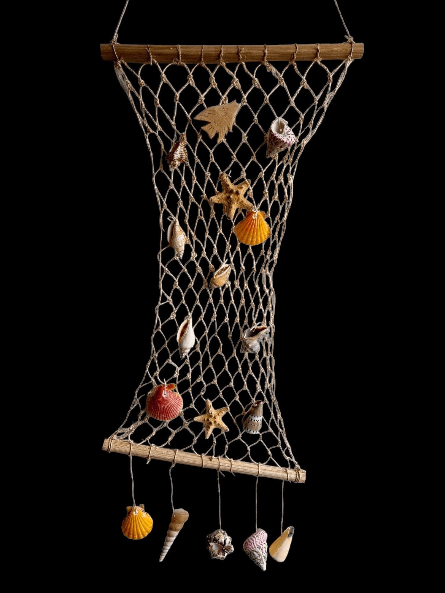 Hanging Fishing Net With Natural Sea Shells, Wooden Fish, Starfish