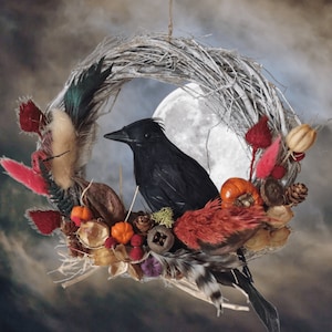 BIRD WREATH, Birds NEST, Autumn Wreath, Boho Wreath, Halloween Black Raven Gothic Style Wooden Wreath Gift for Home Wall Décor