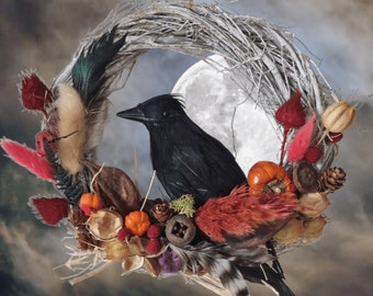 BIRD WREATH, Birds NEST, Autumn Wreath, Boho Wreath, Halloween Black Raven Gothic Style Wooden Wreath Gift for Home Wall Décor