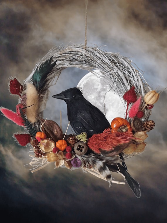 BIRD WREATH, Birds NEST, Autumn Wreath, Boho Wreath, Halloween Black Raven Gothic Style Wooden Wreath Gift for Home Wall Décor
