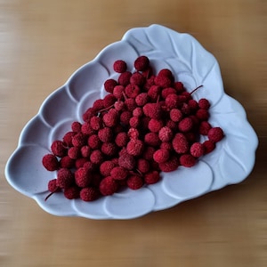 May include: A white ceramic dish with a scalloped edge holds a large pile of deep red berries. The dish is on a light brown wooden surface.