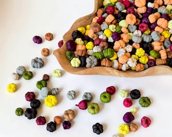 Puede incluir: Un cuenco de madera grande lleno de una multitud de decoraciones en miniatura con forma de calabaza en varios colores, incluyendo naranja, amarillo, verde, morado, negro, blanco y gris, con varias esparcidas por la superficie alrededor.