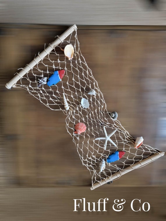 Hanging FISHING NET With Natural Sea Shells and Wooden Fish