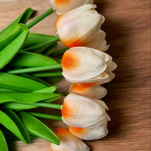 Peut inclure: Un bouquet de tulipes blanches avec des pointes orange, dispos&eacute; sur une surface en bois. Les tulipes ont des tiges et des feuilles vertes.