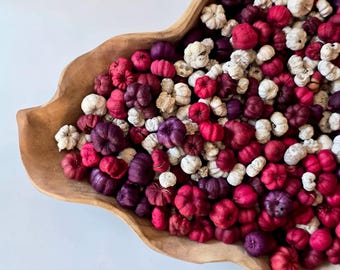 Puede incluir: Un cuenco de madera grande de forma orgánica lleno de una densa colección de pequeñas calabazas decorativas secas en tonos morado intenso, magenta vibrante, rojo brillante y blanco roto. El cuenco presenta una veta de madera natural clara.
